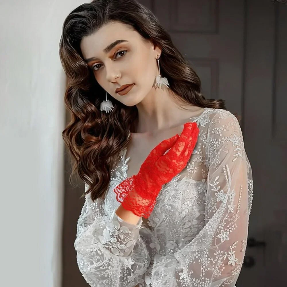 Women's Evening Dark Red Flower Pattern Lace Gloves Design Wedding Party Prom